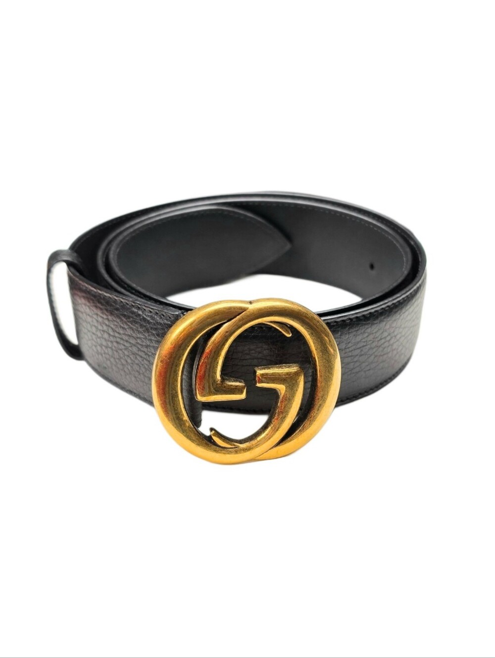 GUCCI GG Marmont Black Pebbled Leather Belt with Gold Double G Buckle
